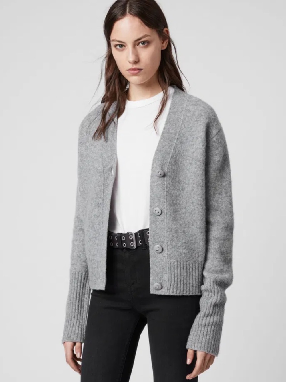 AllSaints Light Grey Button-Front Wool Cardigan